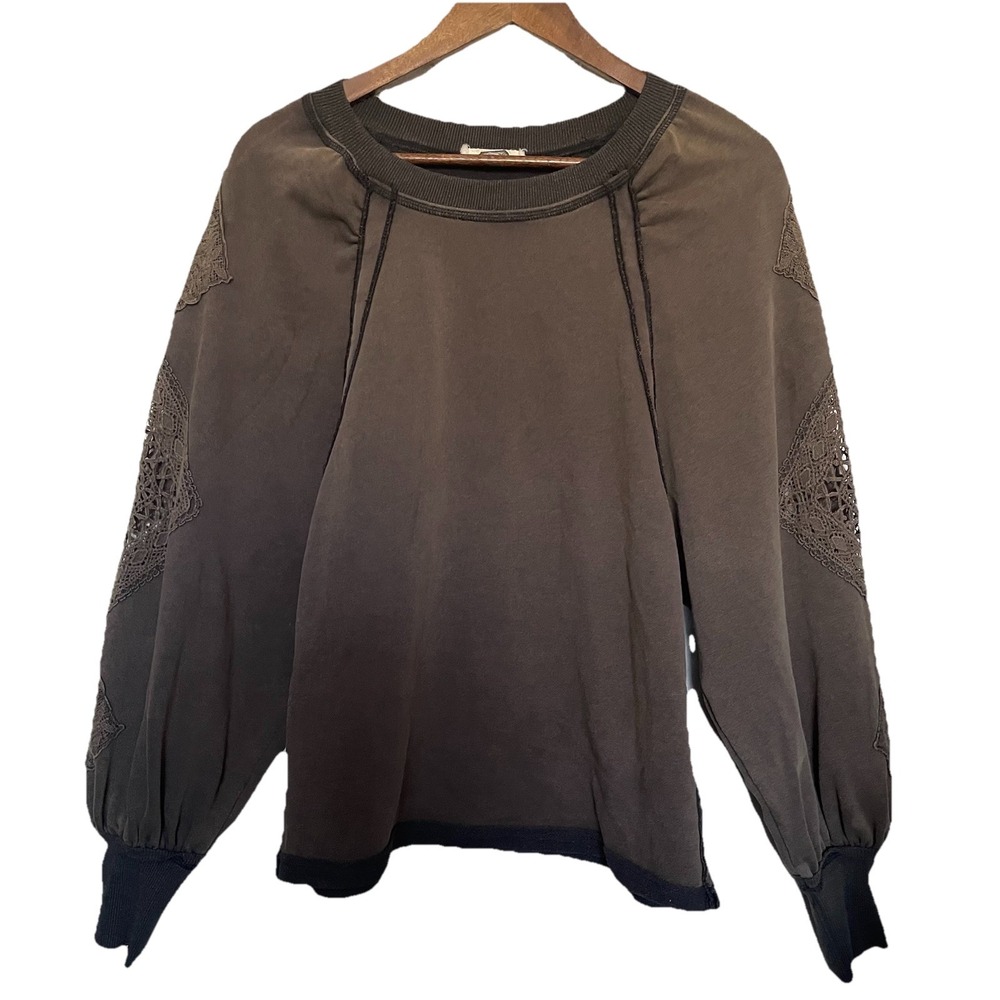 Gimmicks‎ BKE Sweatshirt Womens S Brown Crochet Lace Sleeve Boho Ethereal